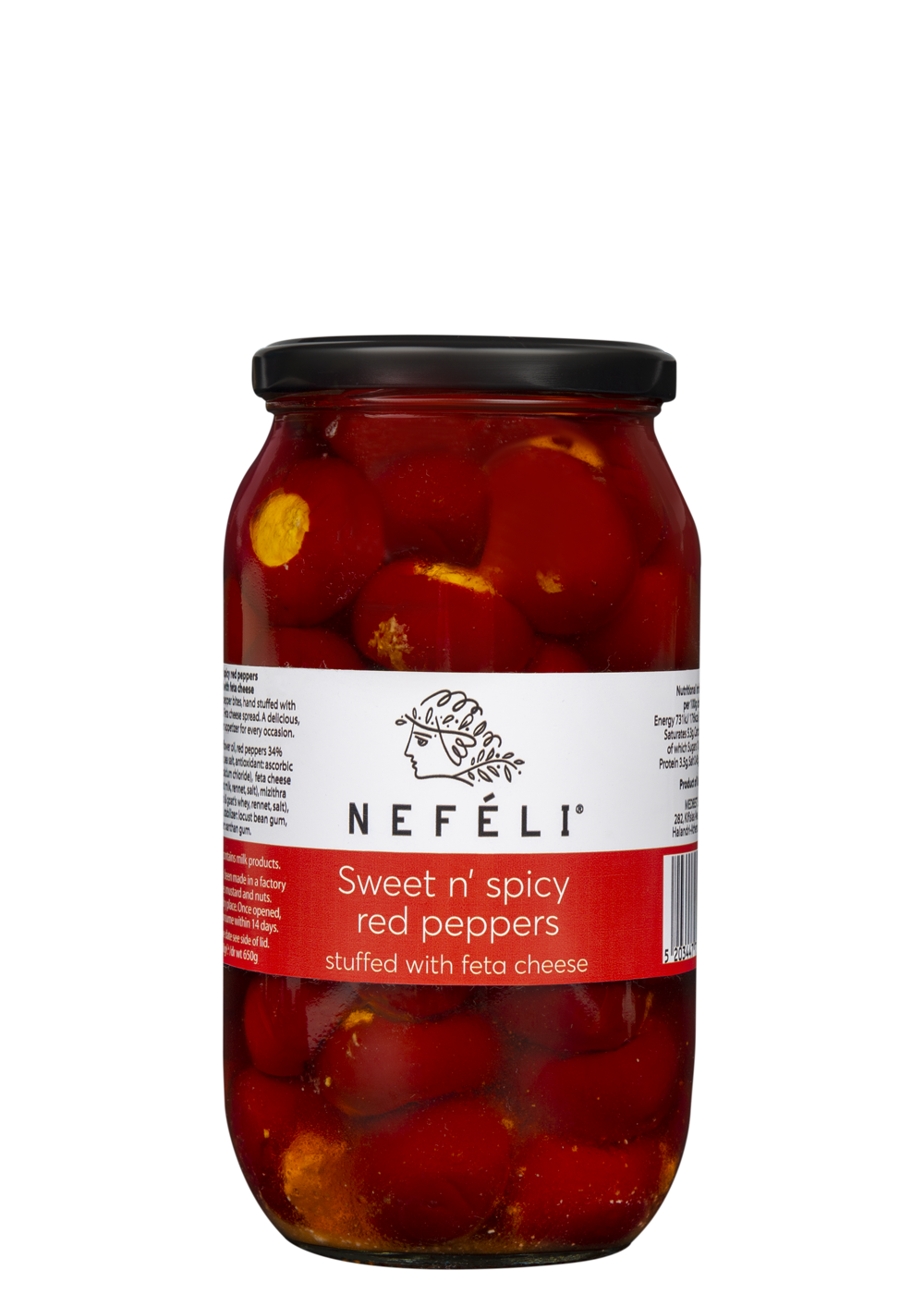 Sweet and spicy red peppers stuffed with feta PDO cheese in 1lt glass jar
