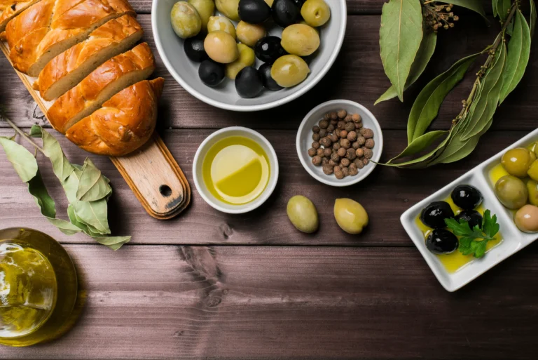 top view organic olives homemade bread.jpg