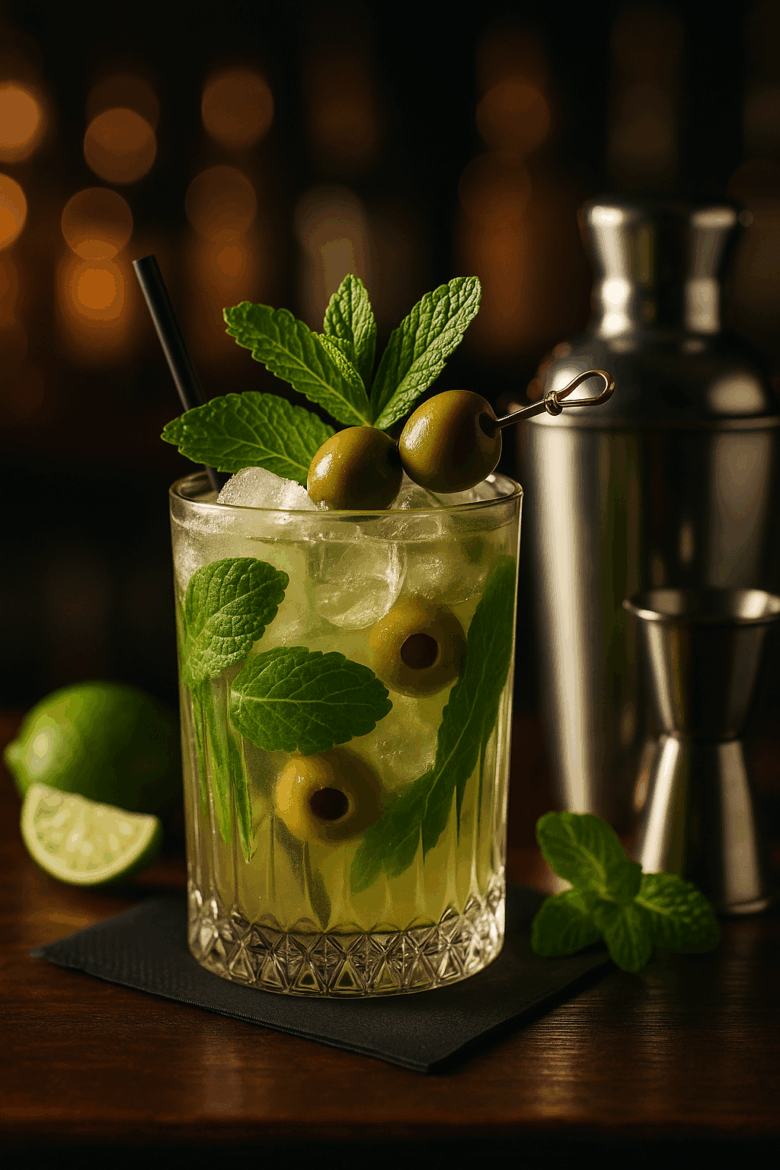 Nefeli Green Olive Tequila Mojito cocktail in a crystal glass, garnished with fresh mint and skewered green olives, with lime wedges and bar tools in the background.