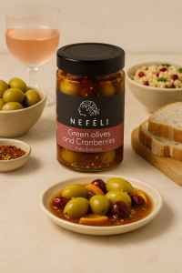 Nefeli Green olives & cranberries served - Greek olives export