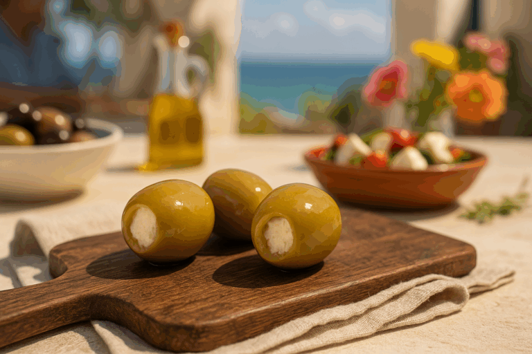 Halkidiki green olives stuffed with creamy feta cheese, served on a rustic wooden board with Mediterranean dishes in the background