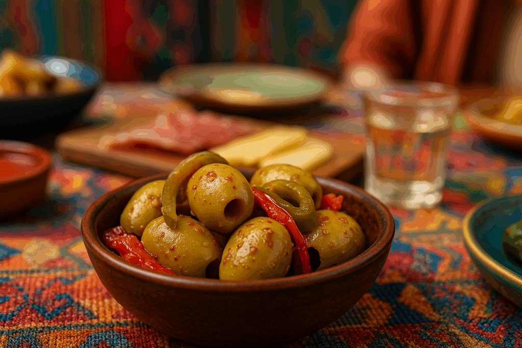 Rustic bowl of Neféli Chipotle Honey Olives by medbest, featuring pitted Greek green olives with red pepper and jalapeño strips in a chipotle-honey spice mix, served on a colorful Mediterranean-Latin inspired table.