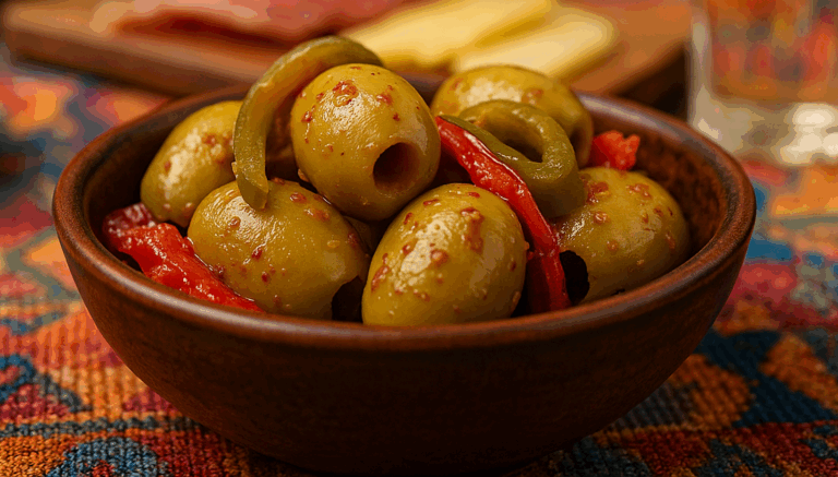 Rustic bowl of Neféli Chipotle Honey Olives by medbest, featuring pitted Greek green olives with red pepper and jalapeño strips in a chipotle-honey spice mix, served on a colorful Mediterranean-Latin inspired table. close up