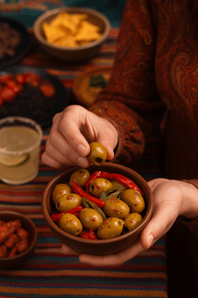 A rustic earthenware bowl of Neféli Chipotle Honey Olives by medbest, featuring pitted Greek green olives with red pepper strips and jalapeño strips, held in hand on a colorful bohemian table setting.