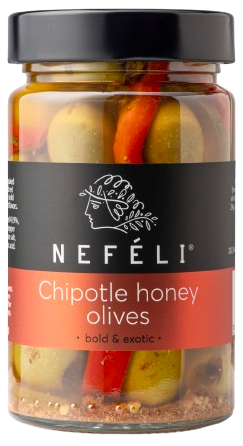 Nefeli Chipotle Honey olives in 300ml glass jar