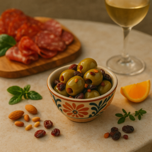 NEFÉLI Sweet Olive Mix Greek green olives with dried fruit served with charcuterie and white wine