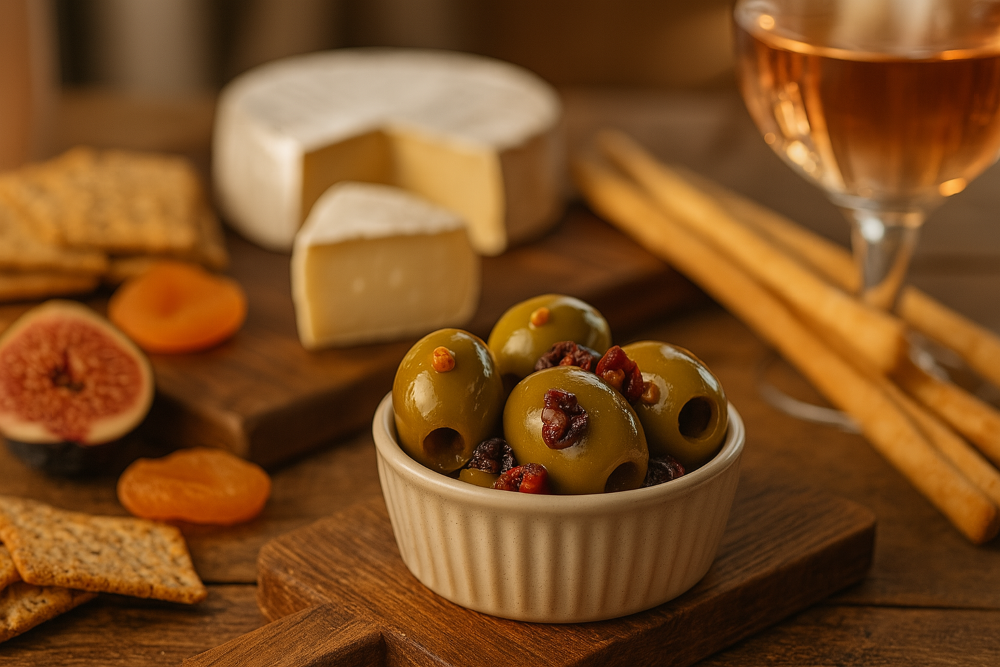 NEFÉLI Sweet Olive Mix Greek green olives with dried fruit served with brie cheese and wine