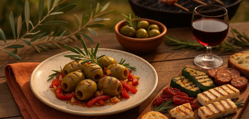 NEFÉLI barbeque olives served with grilled Mediterranean vegetables and cheese